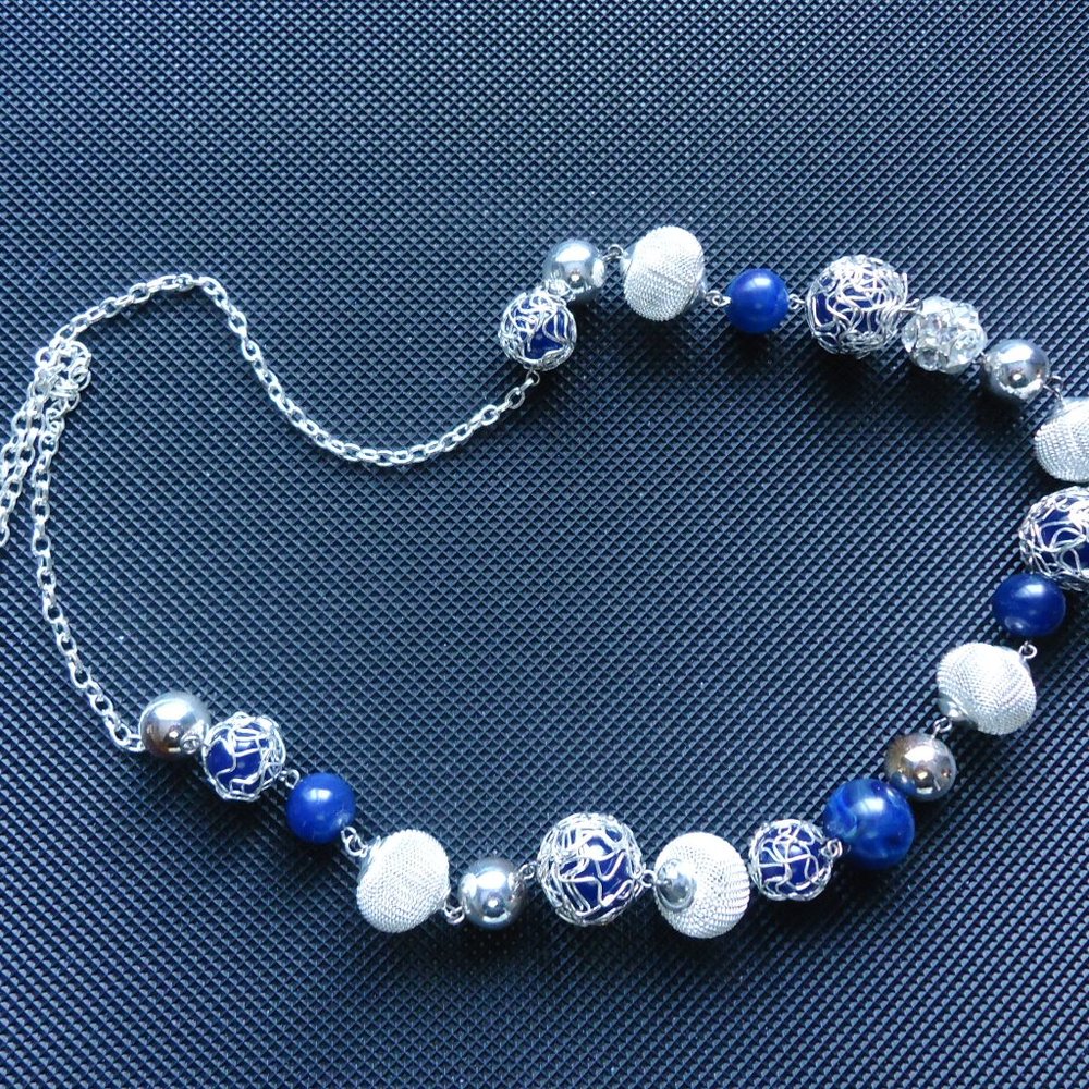 Necklace Chunky Beaded Navy Silver Crystals